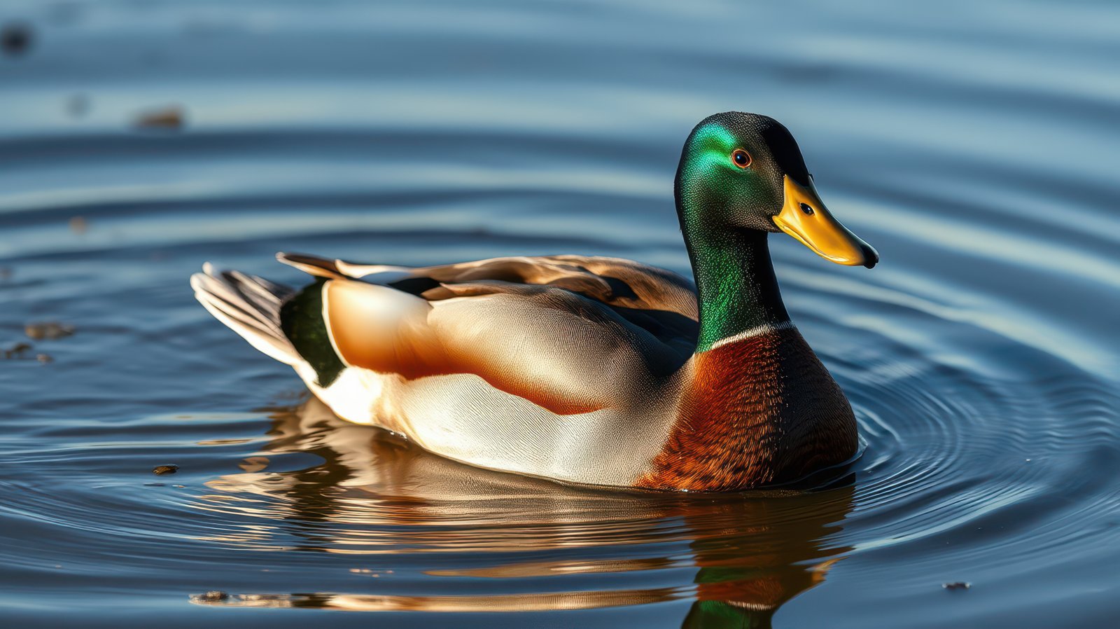 Vibrant male duck gliding through calm waters in a serene natural setting during golden hour